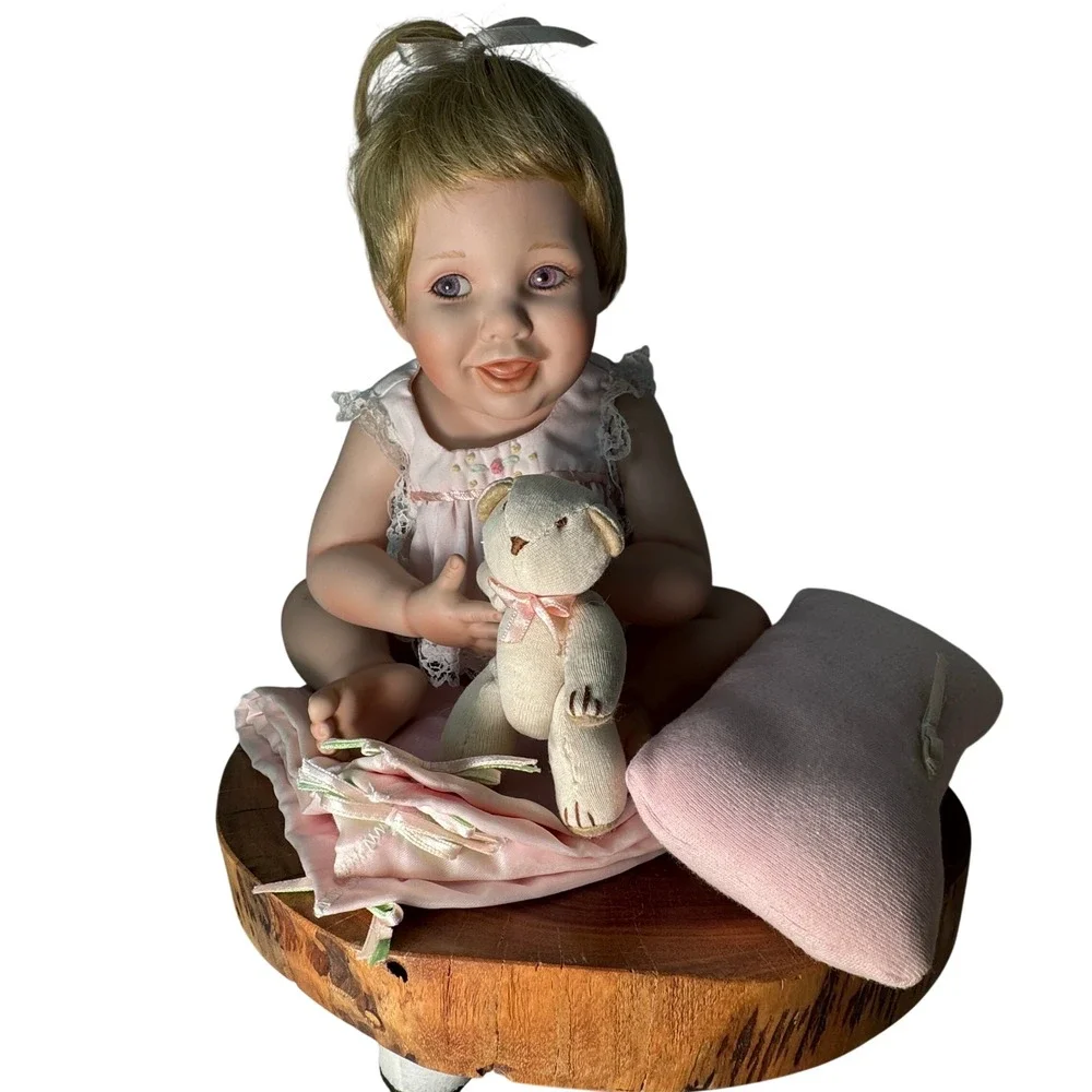 Vintage Ashton Drake 1993 Porcelain Baby Doll Pink Lace Outfit Teddy Bear
